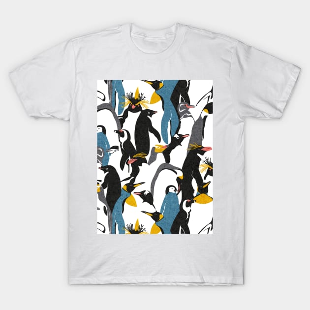 We love penguins // black white grey dark teal yellow and coral type species of penguins (King, African, Emperor, Gentoo, Galápagos, Macaroni, Adèlie, Rockhopper, Yellow-eyed, Chinstrap) T-Shirt by SelmaCardoso